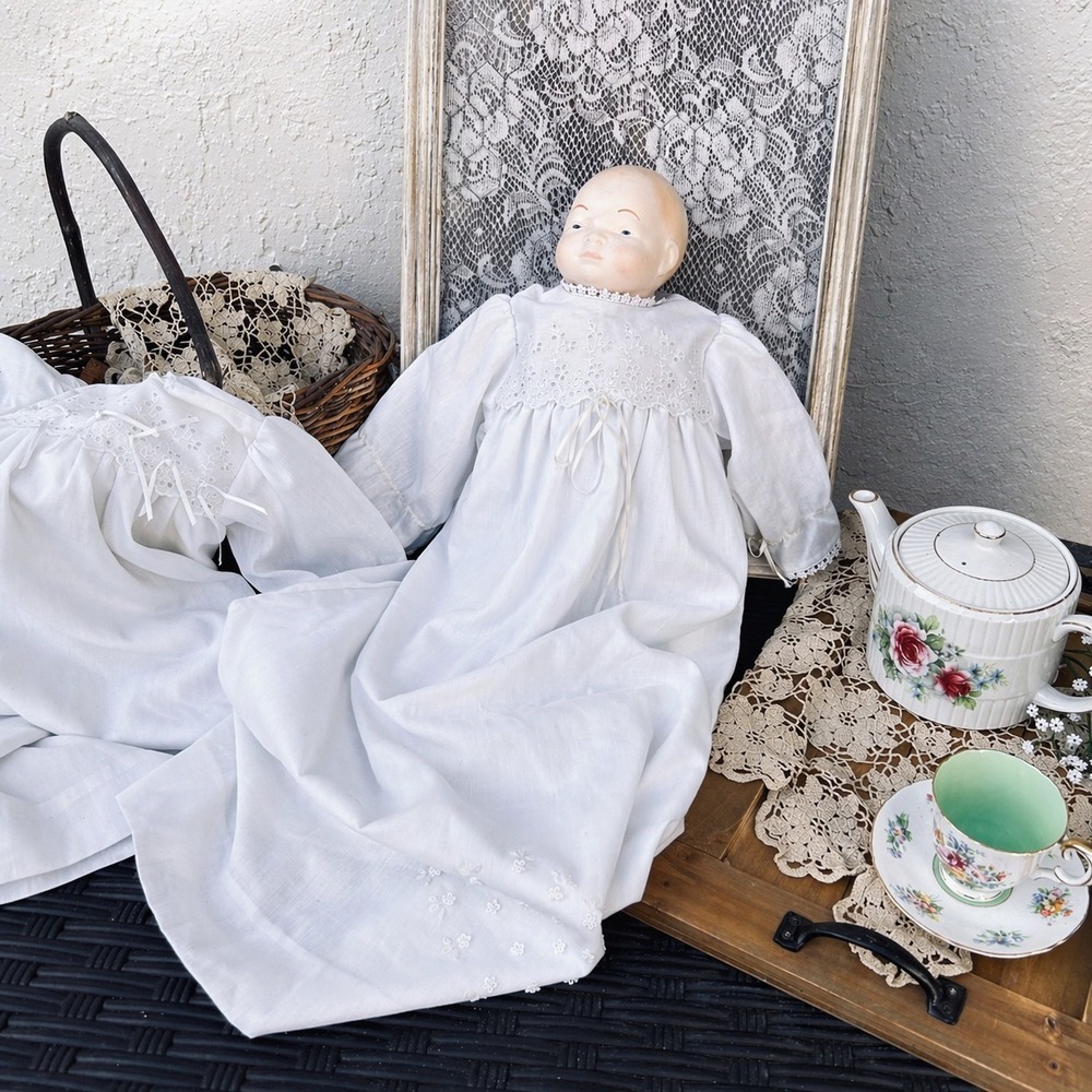 Vintage Porcelain Baby Doll in Handmade White Christening Gown Decor